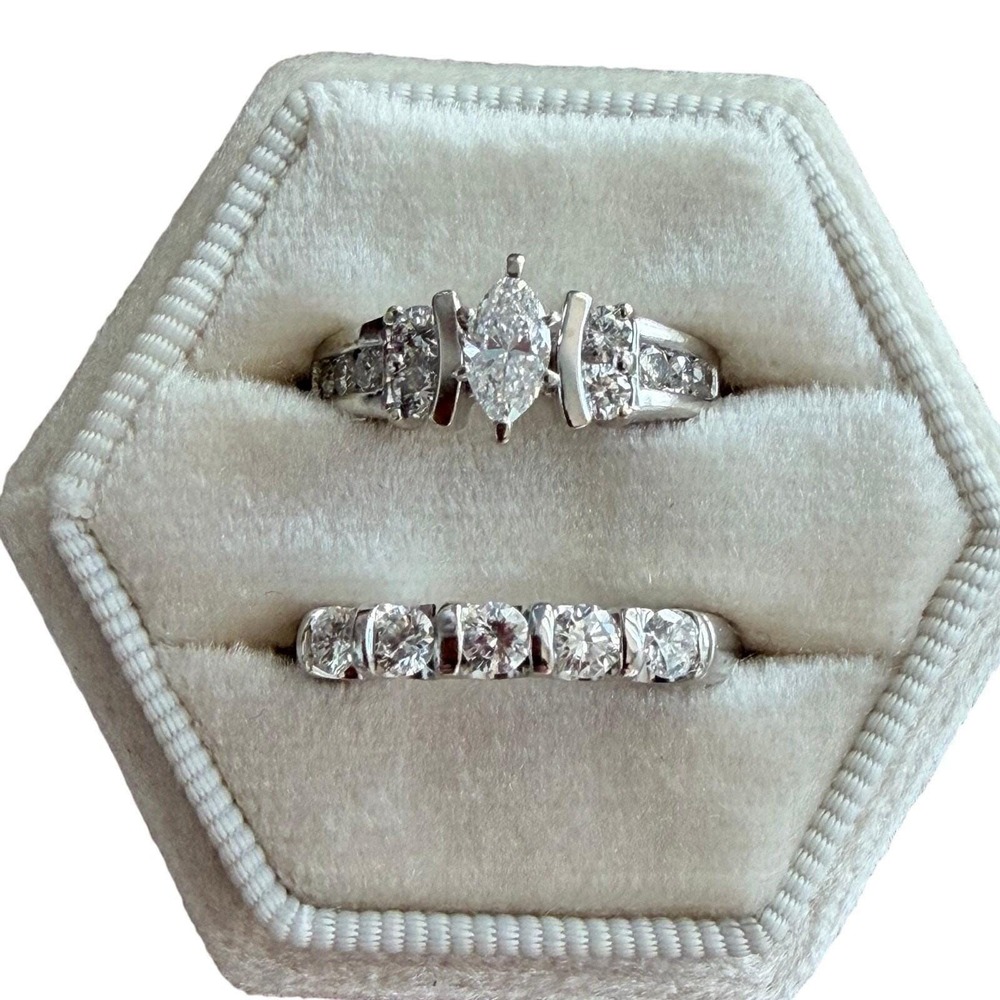 14K‎ White Gold Marquise Diamond Engagement Ring and Wedding Band Set Size 4